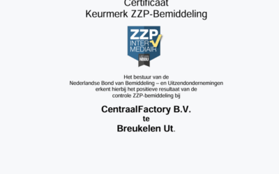 CentraalFactory ontvangt Certificaat Keurmerk ZZP-Bemiddeling